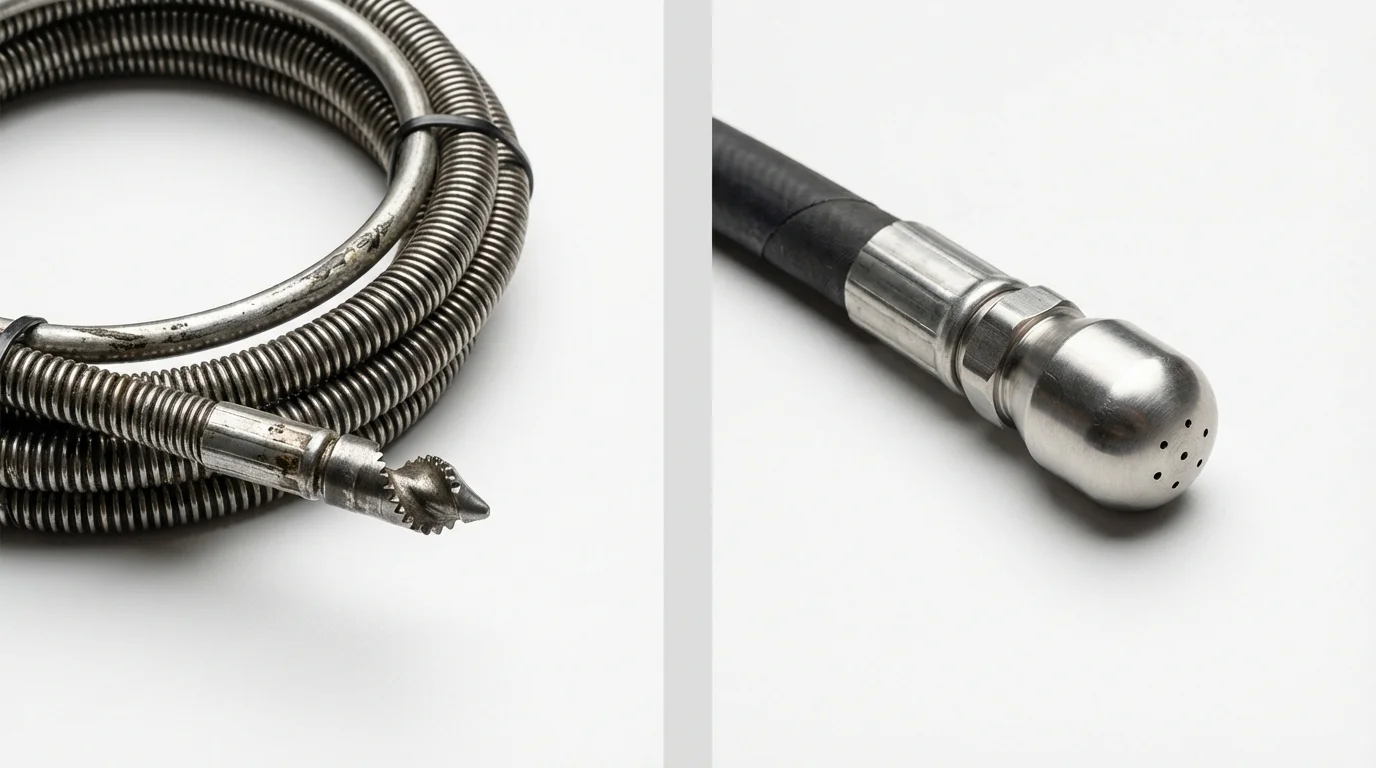 Drain snake cable and hydro jetting nozzle used for drain cleaning in Hiram, OH