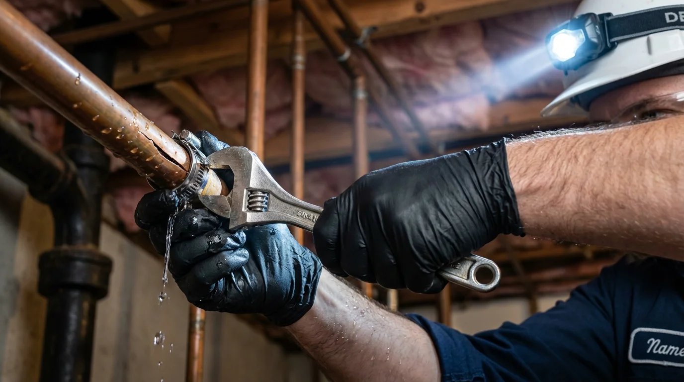Emergency pipe clamp repair being performed by a Johns Plumbing LLC plumber in Hiram