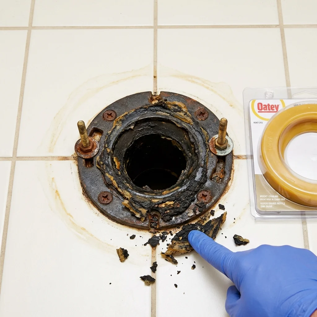 Failed wax ring showing water seepage at the base of a toilet in a Hiram, OH home