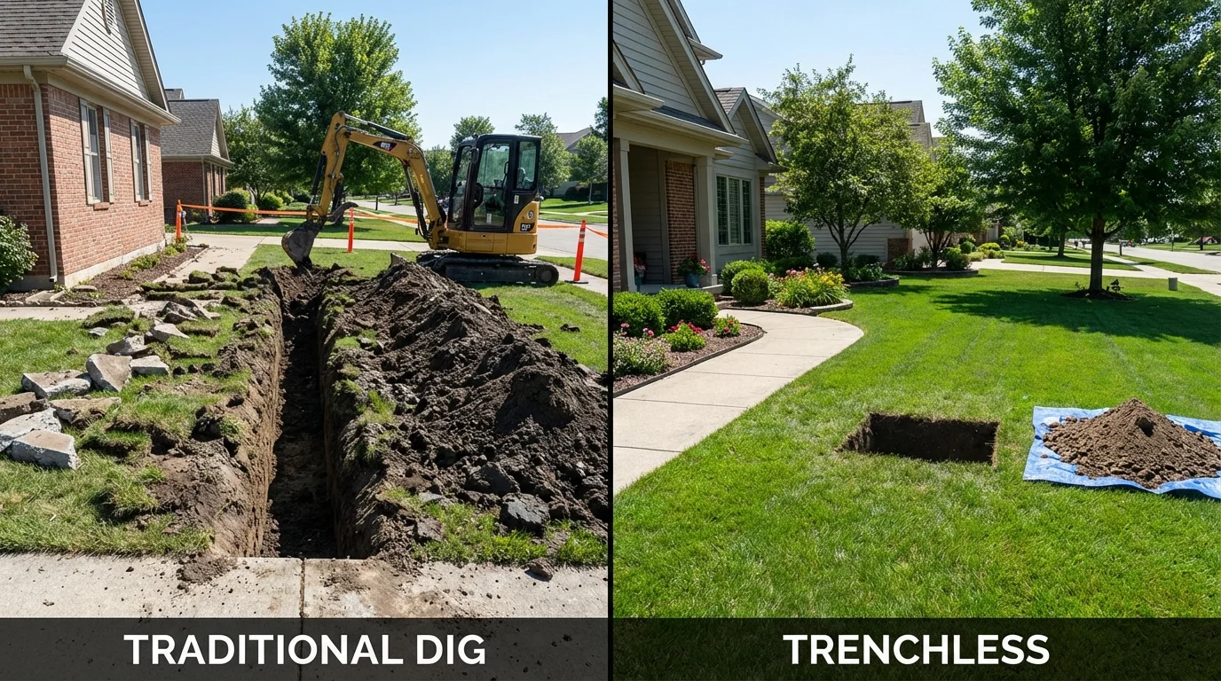 Trenchless sewer repair with minimal yard damage versus traditional excavation in Hiram, OH