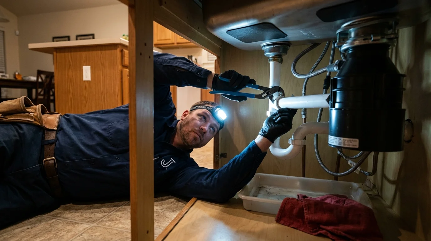 P-trap and supply line connections under a kitchen sink showing a common leak point in Hiram, OH